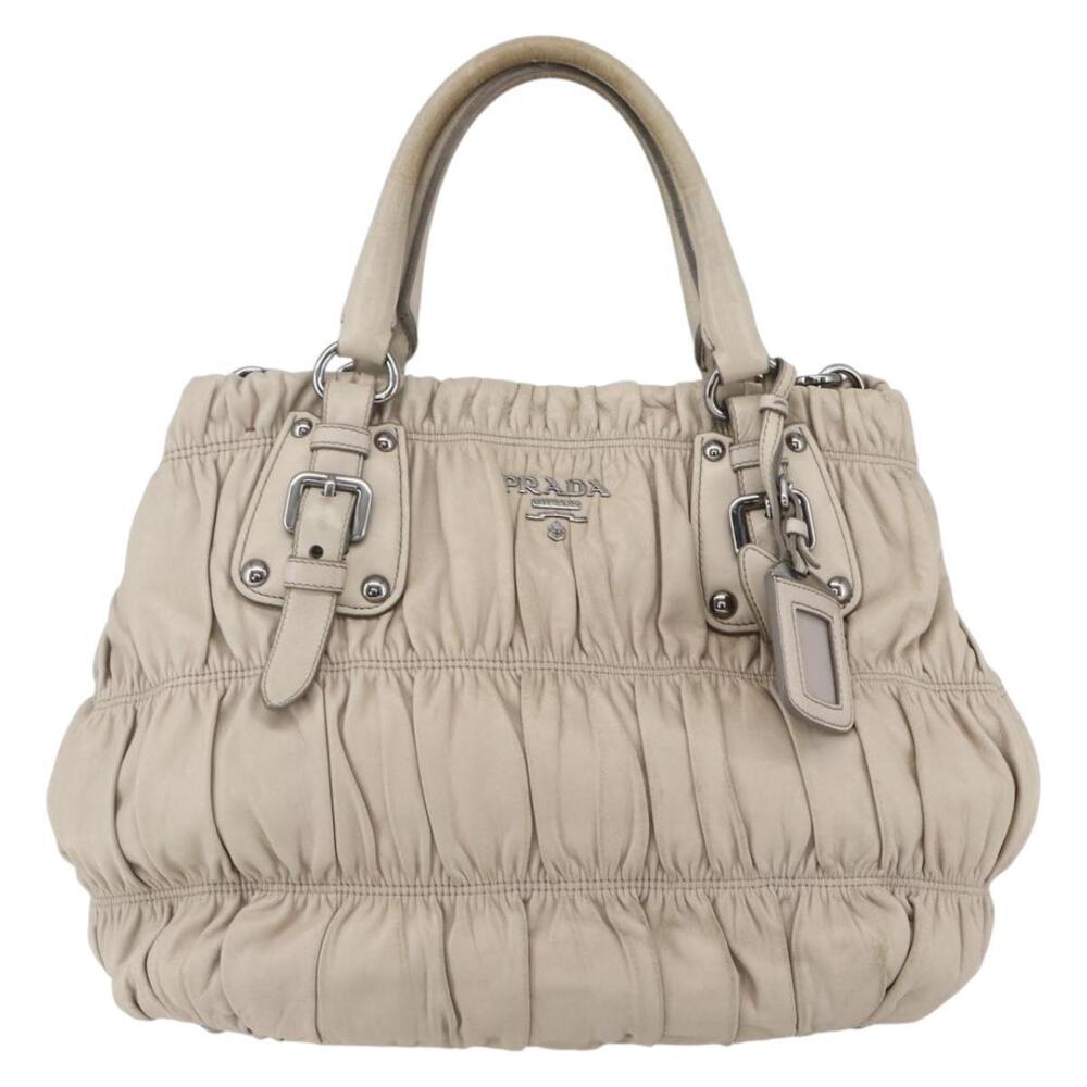 PRADA Gathered Hand Bag Leather 2way Beige Silver Auth yk19545 - Picture 13 of 16
